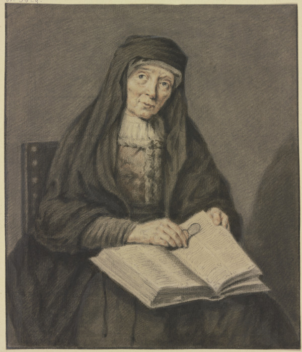 Sitzende alte Frau in einem Buch lesend, sie hält die Brille in der Hand, Kniestück a Johannes Pieter de Frey