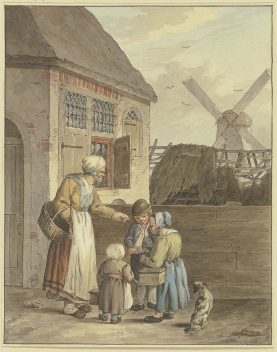Vor einem Haus drei Kinder bei einer alten Frau a Johann Friedrich Morgenstern