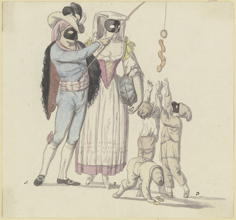 Maskenszene mit Fischer und Frascatanerin: Ein maskiertes Paar, der Mann mit einer Angel, an der Wür a Johann Georg Schütz