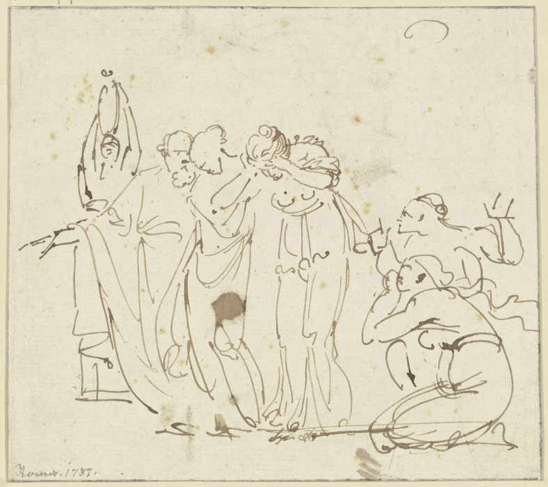Ungedeutete Szene: Ein bärtiger Mann schreitet mit zwei betrübten Frauen nach links, rechts zwei kni a Johann Georg Schütz