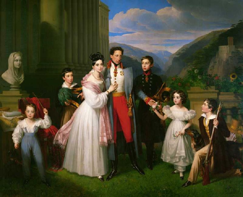 Erzherzog Karl mit Frau Henriette von Nassau-Weilburg und Kindern vor Schloss Weilburg in Baden nahe a Johann Nepomuk Ender