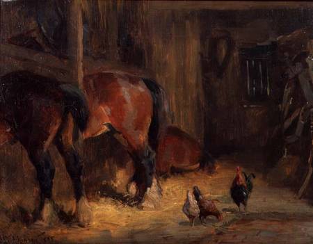 A Stable Interior with Horses and Chickens a John Atkinson
