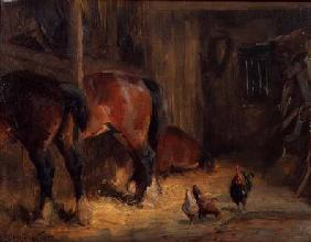 A Stable Interior with Horses and Chickens