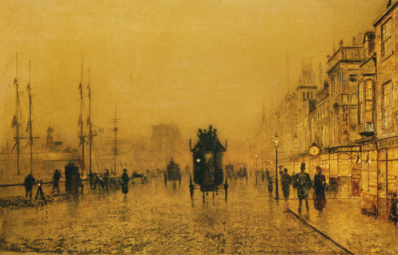 In the evening at the docks of Glasgow. a John Atkinson Grimshaw