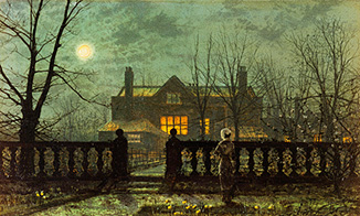 Evening garden with look on a residential building lit up. a John Atkinson Grimshaw