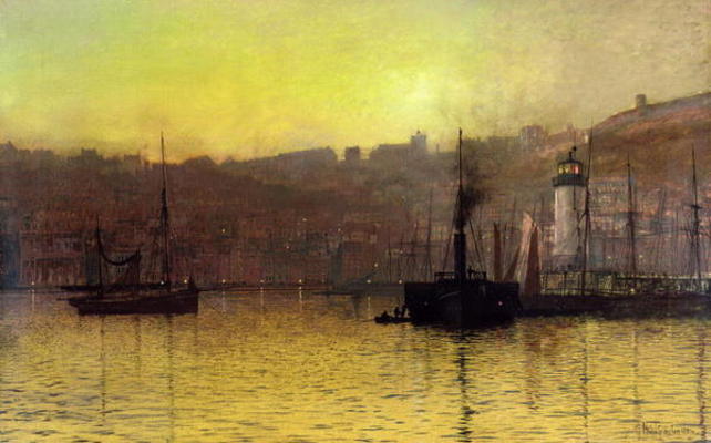 Nightfall in Scarborough Harbour, 1884 (oil on canvas) a John Atkinson Grimshaw