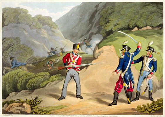 A British Soldier Taking Two French Officers at the Battle of the Pyrenees, engraved by Matthew Dubo a John Augustus Atkinson
