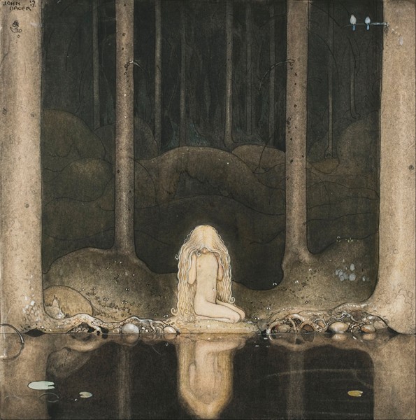 Princess Tuvstarr is still sitting there wistfully looking into the water a John Bauer