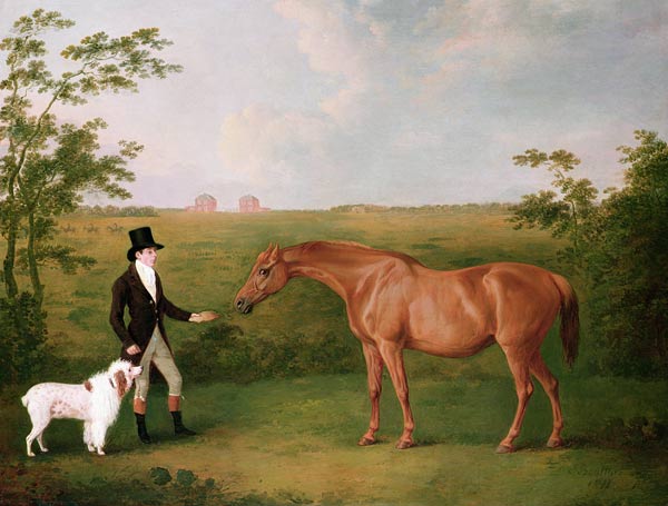 A Gentleman with a White Dog and a Chestnut Mare in a Landscape a John Boultbee