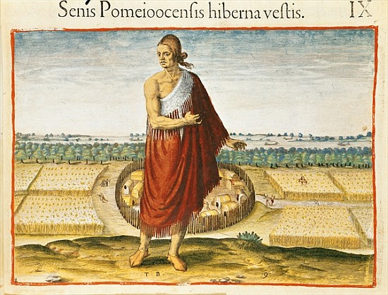 Pomeiooc Elder in a winter garment, from ''Admiranda Narratio'', published  by Theodore de Bry a John Bry Theodore de (1528-98) after White