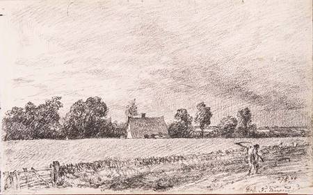 Cottages and road, East Bergholt, pencil a John Constable