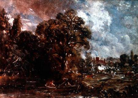 A river scene with a farmhouse near the water's edge a John Constable