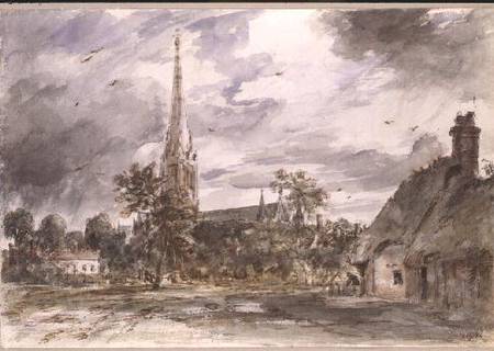 Salisbury Cathedral: with cottages a John Constable