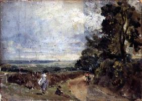 A Country road with trees and figures