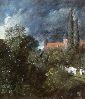 View in a garden with a red house beyond