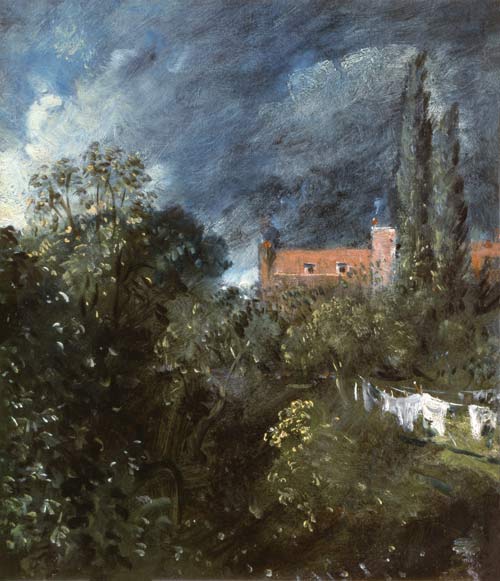 View in a garden with a red house beyond a John Constable