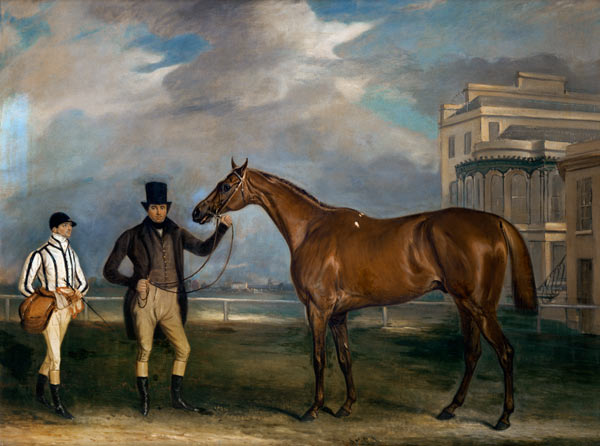 General Chasse, a chestnut racehorse being held by his trainer, with his jockey, J. Holmes standing a John E. Ferneley il Giovane