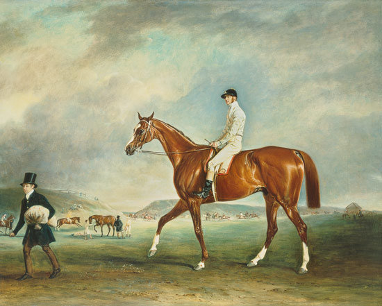 "The Cur" chestnut racehorse with jockey up on Newmarket Heath a John E. Ferneley il Giovane