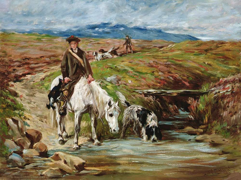 Horse and Spaniel Drinking from a Stream a John Emms