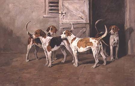 Four Hounds by a Stable Door a John Emms