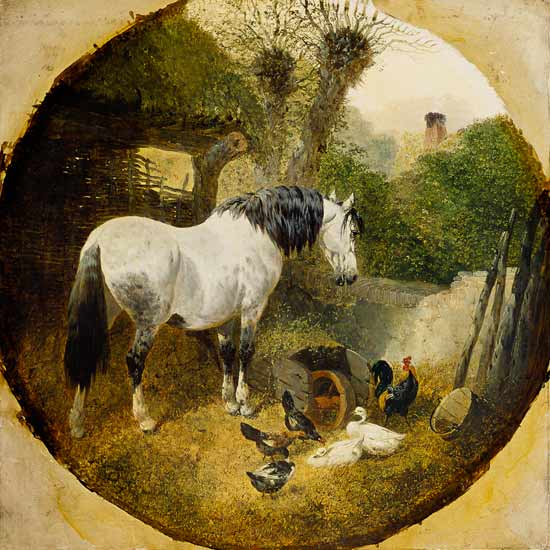 A Carthorse eating hay from a wheel-barrow in a farmyard a John Frederick Herring Il Vecchio