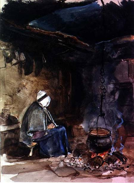 Watching the pot boil - a cottage interior a John Frederick Lewis