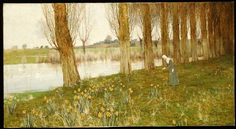 Poplars and narcissi at a channel a John George Sowerby