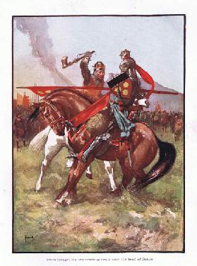 Bruce brought his battle axe crashing down on the head of Bohun, 1910 (colour litho)