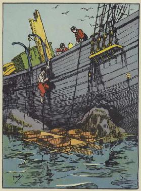 The launch of the raft (colour litho)