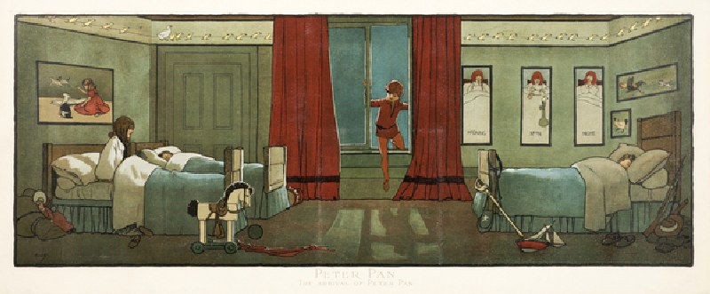The Arrival of Peter Pan, from "Peter Pan", pub. 1907 (colour litho) a John Hassall