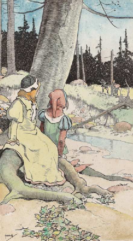 The Babes in the Wood, c.1900 (w/c, pen & ink on paper) (detail of 244428) a John Hassall
