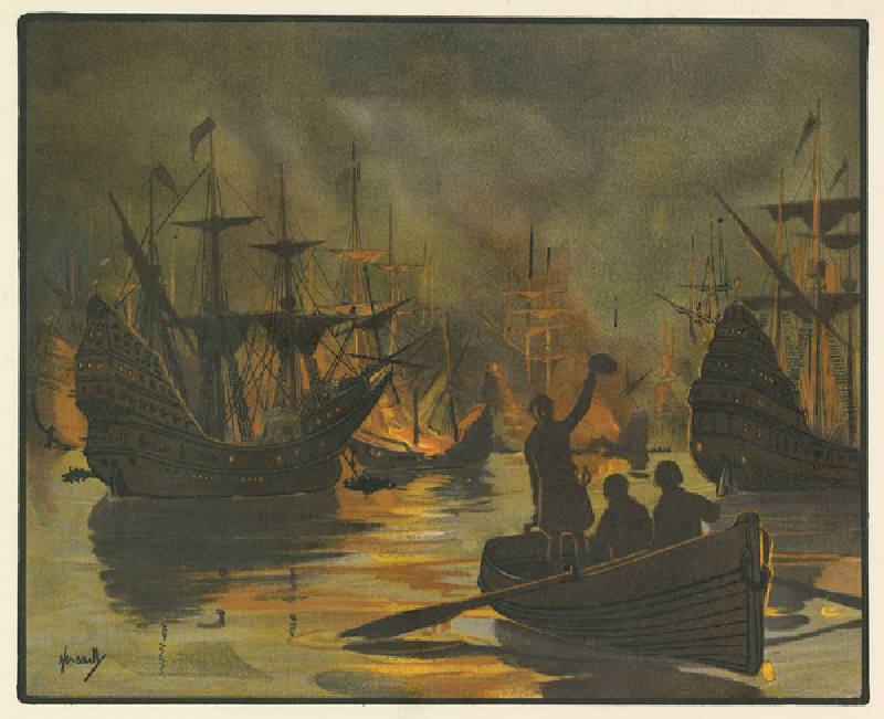 The invincible Armada attacked by fire ships (colour litho) a John Hassall