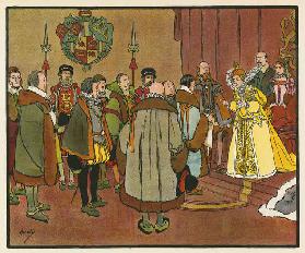 Elizabeth I refuses the Crown of the Netherlands (colour litho)