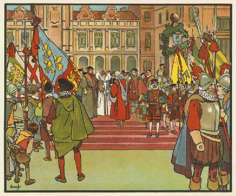 Elizabeth I proclaimed Queen at Hatfield (colour litho) a John Hassall