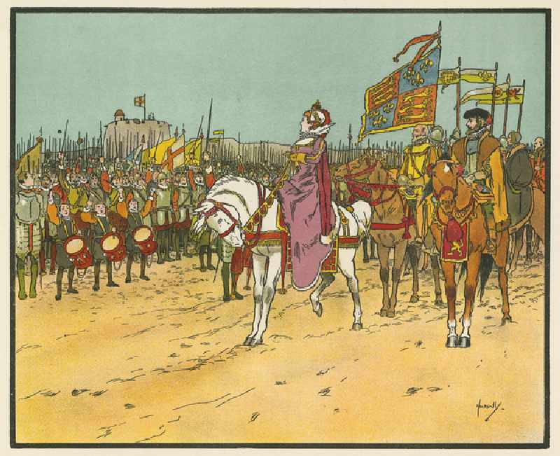 Elizabeth I reviews the troops at Tilbury (colour litho) a John Hassall