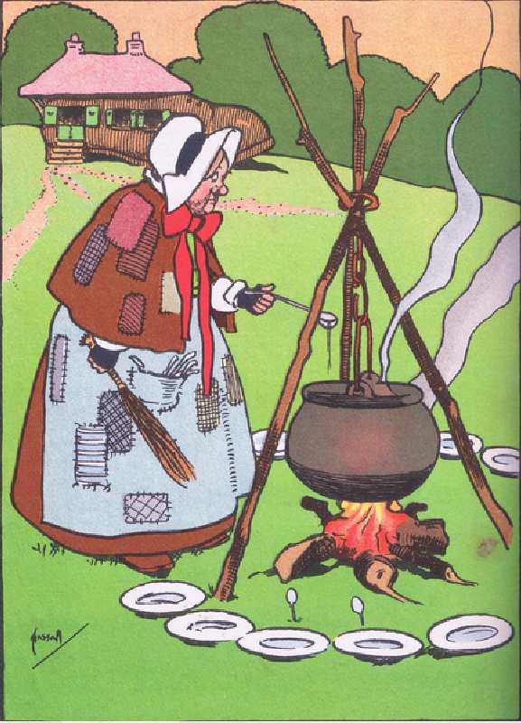 Cooking the broth, from Blackies Popular Nursery Rhymes published by Blackie and Sons Limited, c.192 a John Hassall