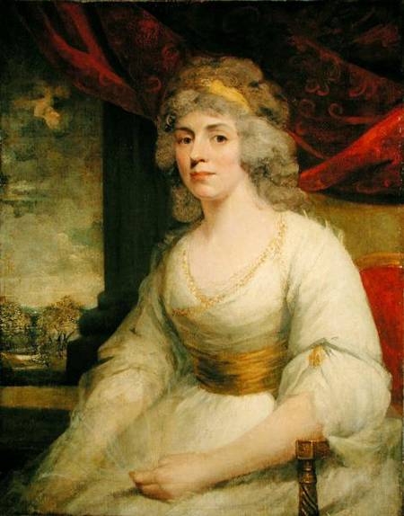 Portrait of Mrs. Billington seated, three quarter length in a white dress a John Hoppner