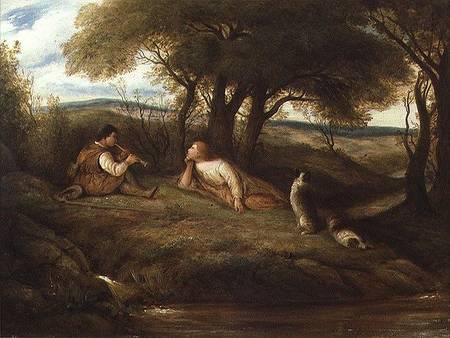 Young Man Playing Music to a Shepherd and his Dogs a John Linnell