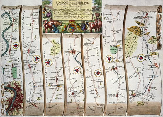Road from London to Bristol, from John Ogilby's 'Britannia', published London, 1675 (hand-coloured e a John Ogilby