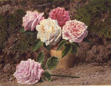 Roses in an Earthenware Vase by a Mossy Bank a John Sherrin