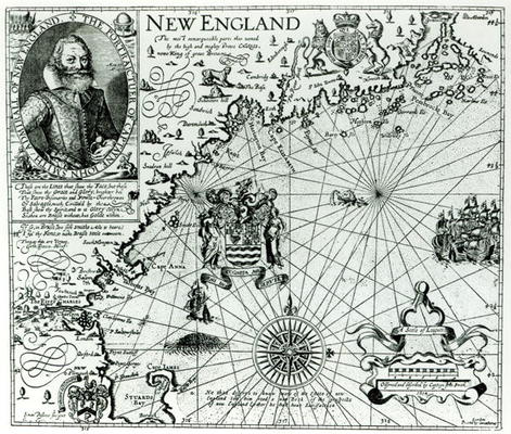 Map of the New England coastline in 1614, engraved by Simon de Passe (1595-1647) 1616 (engraving) (b a John Smith