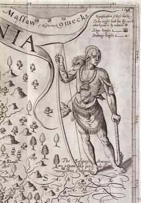 Susquehannock warrior, detail from Map of Virginia, engraved by William Hole (fl. 1607-24), publishe a John Smith