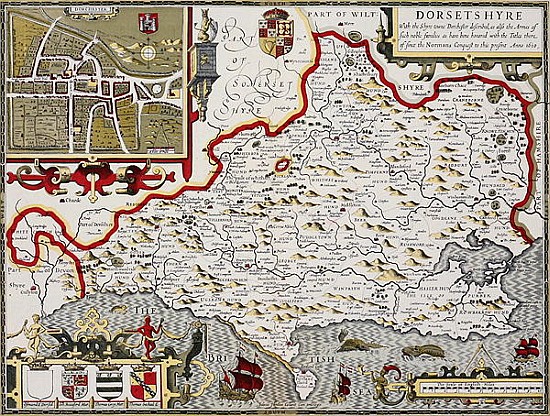 Dorsetshire; engraved by Jodocus Hondius (1563-1612) from John Speed''s Theatre of the Empire of Gre a John Speed