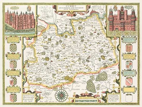 Map of Surrey; engraved by Jodocus Hondius (1563-1612) from John Speed''s Theatre of the Empire of G a John Speed