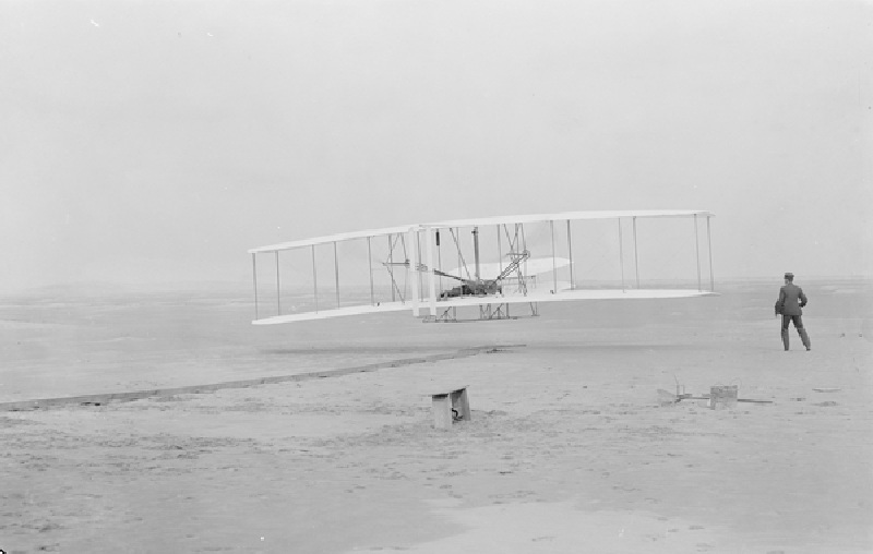 First flight, Kitty Hawk, North Carolina, 120 feet in 12 seconds, 10.35am December 17th 1903 (b/w ph a John T. Daniels