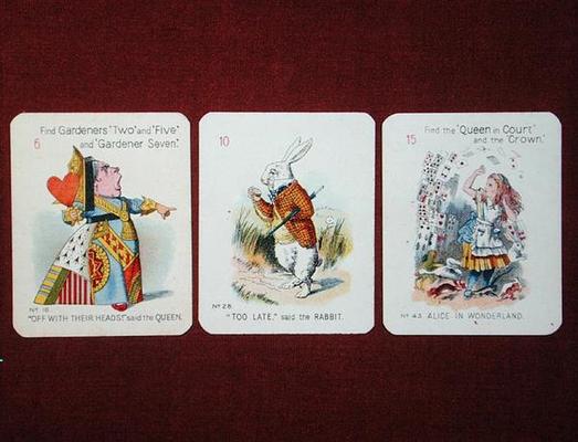 Three 'Happy Family' cards depicting characters from 'Alice in Wonderland' by Lewis Carroll (1832-98 a John Tenniel