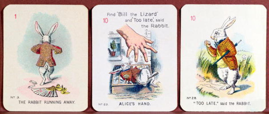 Three 'Happy Family' cards depicting characters from 'Alice in Wonderland' by Lewis Carroll (1832-98 a John Tenniel