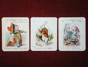 Three 'Happy Family' cards depicting characters from 'Alice in Wonderland' by Lewis Carroll (1832-98