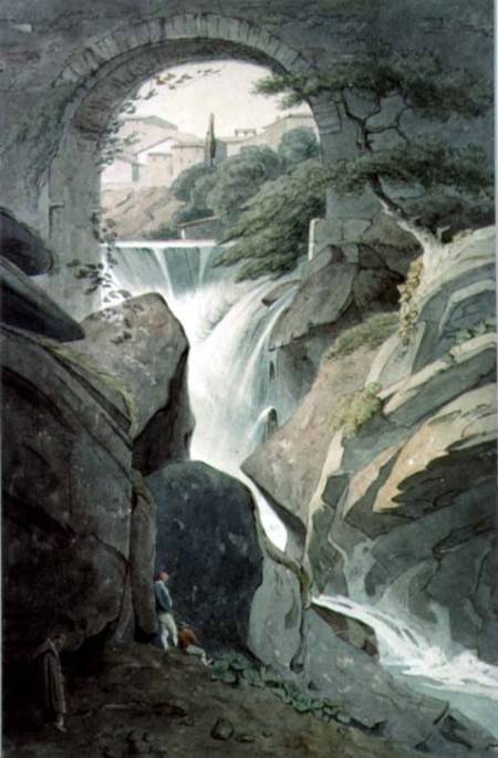 The Falls of Tivoli with three figures in the foreground a John Warwick Smith