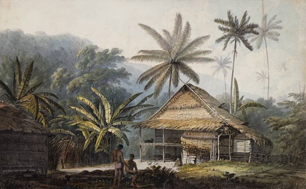 Hütte und Palmen auf der Insel Krakatoa. a John Webber